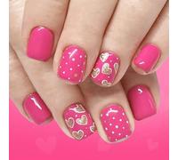 24pcs Short Square False Nails with Golden Polka-Dot Heart,Glossy Pink Stick on Nails for Women, Reusable Short Press On Nails Manicure Kits for Valentine's Day, Daily Use, Party & Wedding, 12 Sizes