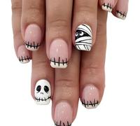 24PCS Short Square False Nails With Skeleton Pattern,False Nails,Press On Na-Ils Short,Acrylic Press On Na-Ils,For Women N-Ail Art Cosplay Decoration,Removable(Pink,White,Line,Square,One Size)