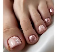 24Pcs Short Square False Toenails - Nude Pink Glitter Press on Toenails with Cherry Blossom - 12 Size Reusable Durable Fake Toenails for Women Summer Vacation, Daily Decoration