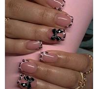 24PCS Short Square French Press on Nails Accessory Tools with Pink Leopard Print and 3D Bow, Acrylic Full Cover False Nails for Women and Girls, 12 Sizes Included, Accessory Tools On for Easy DIY