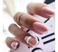 24PCS Short Square French Tip Press On Nails - White Striped Nude Fake Nails with G-lue - Elegant Touch Stick-On False Nails in Multiple Sizes for Women 2