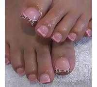 24PCS Short Square Leopard Print False Toenails Full Cover Nude Glossy Stick On Design For Nail Art Lovers & Fashion Pedicure Enhancements - ABS Material Press On Toe Nails With Square Shape
