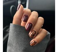 24PCS Short Square Leopard Print Press On Nails - Wine Red French Tip False Nails & Glossy Acrylic Full Cover, Elegant Set with 12 Sizes for Women Evening Dinners Night Events