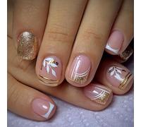 24pcs Short Square Nude Press-On Nails with Gold Leaf Design, Glossy French Tip Full-Cover Acrylic False Nails, Stick-On Art Set with Adhesive Tabs for Women & Girls