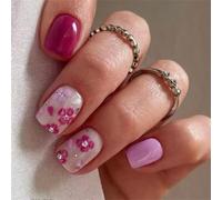 24pcs Short Square Press on Artificial Nails Purpled Floral Glittering Sweet Colors Ensuring Perfectly for Hands Shining Nails
