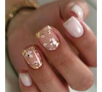 24pcs Short Square Press On Nails Acrylic Nails White Floral Designs Art Accessories Full Covers Stick On Elegant False Nail