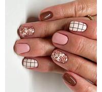 24Pcs Short Square Press On Nails - Floral & Striped Grid Design Artificial Nails for Women, Reusable Fake Nails for Party, Wedding, Daily Use | Easy Application, Durable
