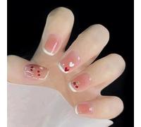 24pcs Short Square Press on Nails French Tip False Nails Nude Pink Ombre Fake Nails White Heart Red Cherry Stick on Nails Removable Glue-on Acrylic Nail Tips Spring Summer Accessories for Women
