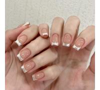 24pcs Short Square Press on Nails French Tip False Nails Silver Edge Fake Nails Salmon Pink Stick on Nails Removable Glue-on Acrylic Nail Tips Wedding Bridal Accessories for Women