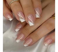 24pcs Short Square Press On Nails French Tip Glossy Acrylic Stick On Nails Manicure Nails Art Easy Application for Women