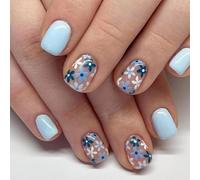 24PCS Short Square Press on Nails - Glossy Blue False Nails with Cute Flower Design & Full Cover ABS Stick on Nails for Women - Lightweight Reusable Nail Tips for Daily Wear & Special Occasions