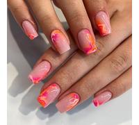 24Pcs Short Square Press on Nails, Pink and Orange Marble Design, Glossy Nude Base, for Stylish Manicure - French Tip False - Fake Stick on Nude Gradient Design ABS Acrylic