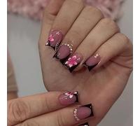 24PCS Short Square Press on Nails - Pink Flower & Crystal Charms - French Tip Reusable False Nails with 3D Gel Design - Acrylic Stick On Nail Kit for Women - Easy DIY for Daily Use & Events