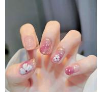 24pcs Short Square Press on Nails Pink Ombre False Nails Floral Fake Nails Gold Glitter Sequin Swirl Stick on Nails Removable Glue-on Acrylic Nail Tips Spring Summer Accessories for Women