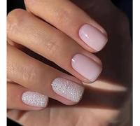 24Pcs short square Press on Nails Short, Pink with Glossy Pink Glitter False Nails, square Acrylic Full Cover Glue on Nails with Glossy Finish, Easy to Apply with Glue Stickers for Women and Girls