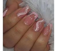 24PCS Short Square Press on Nails with Accessory Tools, French Tip Pink White Swirl Fake Nails for Women, Full Cover Acrylic Art, Removable Stick-On Kit Includes Tools