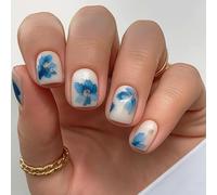 24PCS Short Square Press On Nails With Blue Flower Design - White Nude Fake Nails With Floral Art And Glitter Accents - Stick on False Nails For Women Manicure Set(Floral Gold Foil)