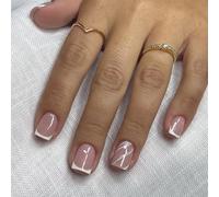 24Pcs Short Square Press on Nails with Nude Pink Base, White French Tips and Silver Glitter Accent Lines, Elegant Manicure for Special Occasions and Daily Wear