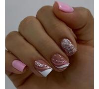 24PCS Short Square Press On Nails With Pink White Swirl Glitter French Tip ABS Full Cover Tips - Easy Application Removable DIY Nail Art For Women Girls Daily Wear Parties Special Occasions