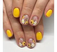 24pcs Short Square Press On Nails With Yellow Flower Designs For Everyday And Party Glossy Full Covers Artificial Nails