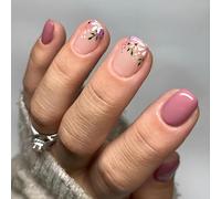 24pcs Short Square Vintage Floral Press-On Nails, Glossy Nude French Tips, Reusable Full-Cover Acrylic False Nails with Accessory Tool, Multi-Size Stick-On for Women Girls Daily Wear