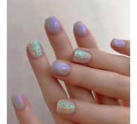 24PCS Short Square Violet Pearlescent Press on Nails - Glitter Purple Design, Includes Accessory Tools, Removable Full Cover Fake Nails, Suitable for Women & Girls,Eco-Friendly