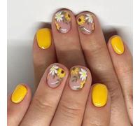 24pcs Short Square with Yellow Flower Designs for Everyday and Party Glossy Full Covers Artificial Fashionable Art