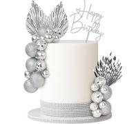 24Pcs Silver Balls Cake Toppers Palm Leaves Birthday Cake Decorations Foam DIY Leaf Cake Insert Boho Silver Glitter Mini Balloon Cupcake Insert for Birthday Party Decor.