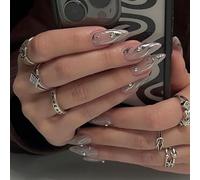 24PCS Silver Flame Press on Nails - Metallic Fire Design Fake Nails with Glue, Long Almond Shape Stick-on Tips for Women, 12 Sizes, Fashion Nail Art Kit (1)