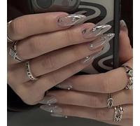 24PCS Silver French Tip Press on Nails with Rhinestones - Gothic Almond Shape Stick on Nails Medium with Jelly Adhesive Tabs, ABS Material, 12 Sizes for Women and Girls, Full Set Glossy Glamour