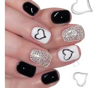 24Pcs Silver Glitters False Nails Short Square Black Heart Design Valentine Party ABS Build for Daily Party Use Black Heart Silver Glitters Fake