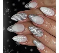 24PCS Silver Scintillate Press-On Nails Winter Coffer Ice French Tip Christmas Party Fake Hoofs Easy Apply Recyclable Environmental Friendly Persist Hoofs