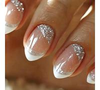 24Pcs Silver Shimmer Press on Nails Almond, White French Tip False Nails, Elegant Acrylic Full Cover Glue on Nail, Natural Removable Artificial Stick on Nails for Women Girls DIY Manicure