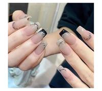 24Pcs Silver Stars Black Gradient Press On Nails Glitter Diamond French Square False Nail DIY Manicure(Y2)