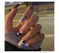 24Pcs Silver Stars Black Gradient Press On Nails Glitter Diamond French Square False Nail For Girls(Y1)