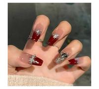 24Pcs Silver Stars Black Gradient Press On Nails Glitter Diamond French Square False Nail Manicure Kit(Y4)