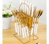 24Pcs Silverware Set with Hanging Holder, Stainless Steel Flatware Set Service for 6, Mirror Polished Tableware, Forks Knives Spoon for Home Kitchen (White)