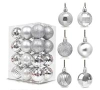 24Pcs Silvery Baubles for Christmas Tree,6cm Shatterproof Plastic Christmas Balls Ornaments with Strings,6 Design Xmas Baubles Hanging Balls for Xmas New Yew Wedding Holiday Party Decor