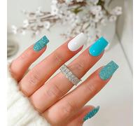 24PCS Sky Blue Glitter Press on Nails - Short Square Full Cover False Nails with French Tip & Shiny Rhinestones Eco-Friendly Reusable Art Accessories for Women Easy to Apply Stylish Look