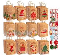 24pcs Small Christmas Paper Gift Bags 15x21cm Kraft Xmas Gift Wrapping Bag with Tags Handle, Gift Bags for Christmas Party Presents Xmas Goody Treat Sweet Candy Favors Bag for Kids Adults