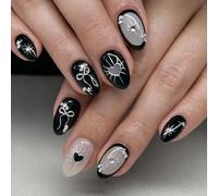 24PCS Smoky Taupe Press on Nails - Onyx Black Silver Crackle Heart & Line Art Coquette Bow Accents Minimal Luxe Rhinestones - French Tip for Women Various Occasions