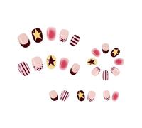 24pcs Smudging Blush False Nails Striped Five-pointed Star Wave Point French Style Short Almond Press On Nail For Girls(Y1)