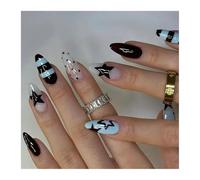 24pcs Smudging Blush False Nails Striped Five-pointed Star Wave Point French Style Short Almond Press On Nail Manicure Decorations(Y5)