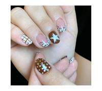 24pcs Smudging Blush False Nails Striped Five-pointed Star Wave Point French Style Short Almond Press On Nail DIY Manicure(Y3)
