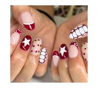 24pcs Smudging Blush False Nails Striped Five-pointed Star Wave Point French Style Short Almond Press On Nail For Girls(Y2)