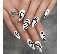 24PCS Snow White Press On Nails - Snake Print Minimal Line Nail Art Monochrome Statement Long Stiletto Shape - for Women Various Occasions Evening Events & Everyday Glossy