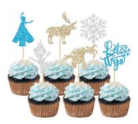 24Pcs Snowflake Cupcake Toppers Glitter Winter Frozen Theme Snowflake Deer Princess Cupcake Pick Decorations for Winter Wonderland Baby Shower Birthday Xmas Party Supplies