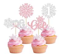 24Pcs Snowflake One Cupcake Toppers Glitter Snowflake First Birthday Cupcake Picks for Winter Onederland Theme Baby Shower 1st Birthday Party Cake Decorations Supplies Pink