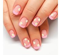 24Pcs Soft Pink French Tip Nails with Daisy Floral Design - Short Square Reusable Press on False Nail Tips for Women, Manicure Kits, Glossy Natural Finish, Easy Application, Spring Summer Style