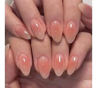 24PCS Soft Pink Gradient False Nails - Elegant Ombre French Design & Glossy Finish, Short Almond Shape, ABS Material with Jelly Adhesive Tabs, Great for Weddings, Parties & Everyday Outfits